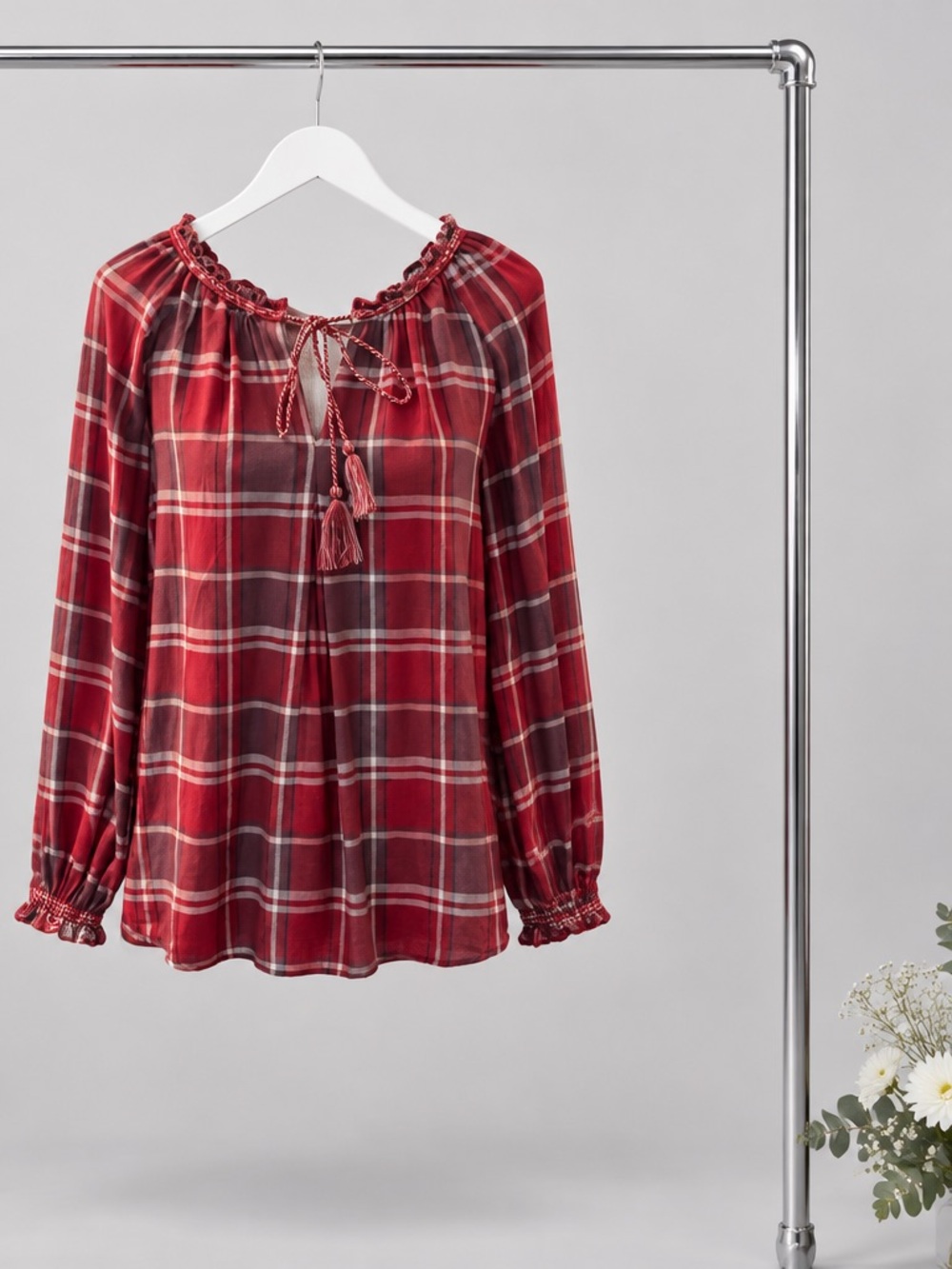 Max Studio Red Plaid Tassel Peasant Blouse